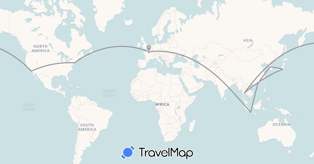 TravelMap itinerary: driving, plane in France, Hong Kong, Indonesia, Japan, South Korea, Thailand, United States (Asia, Europe, North America)